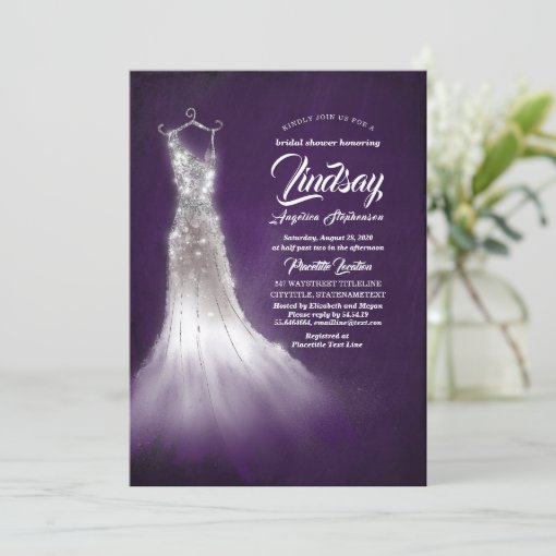 Silver Glitter Elegant Dress Purple Bridal shower Invitation | Zazzle