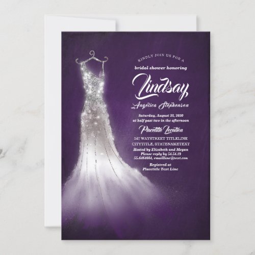 Silver Glitter Elegant Dress Purple Bridal shower Invitation
