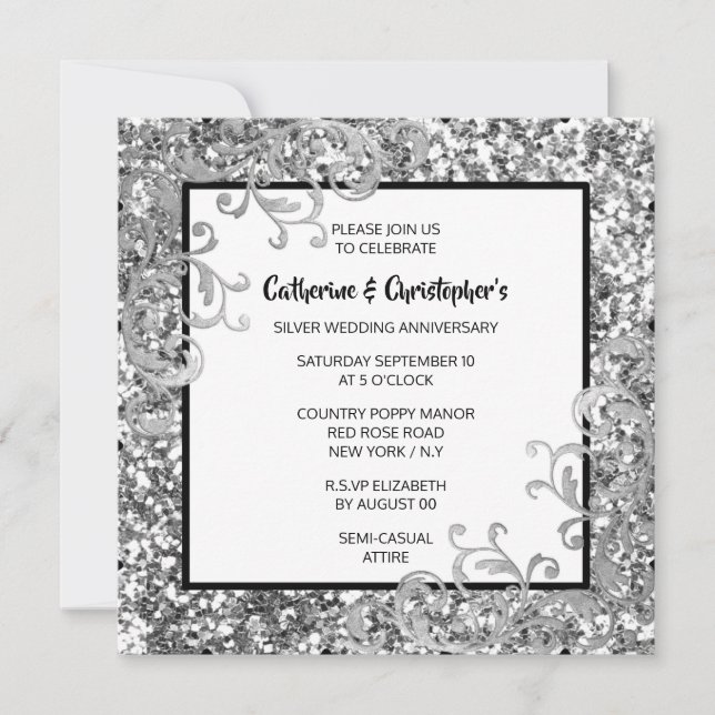 Silver glitter elegant floral swirl PHOTO chic Invitation (Front)