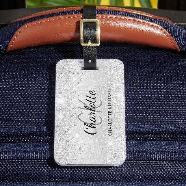 Silver glitter elegant monogram initials name luggage tag (Front Insitu 2)