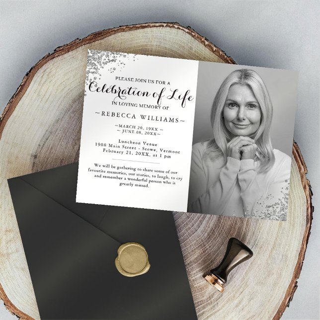 Silver Glitter Elegant Photo Celebration of life I Invitation (Creator Uploaded)