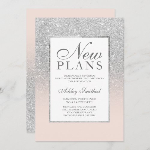 Silver glitter elegant pink postponed new plans invitation