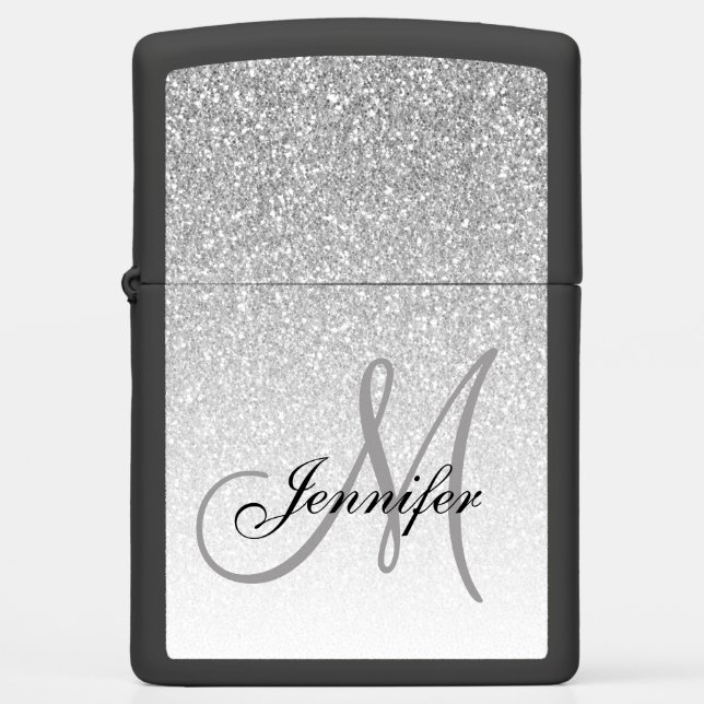 Silver Glitter Elegant Script Grey Monogram Name Zippo Lighter (Front)