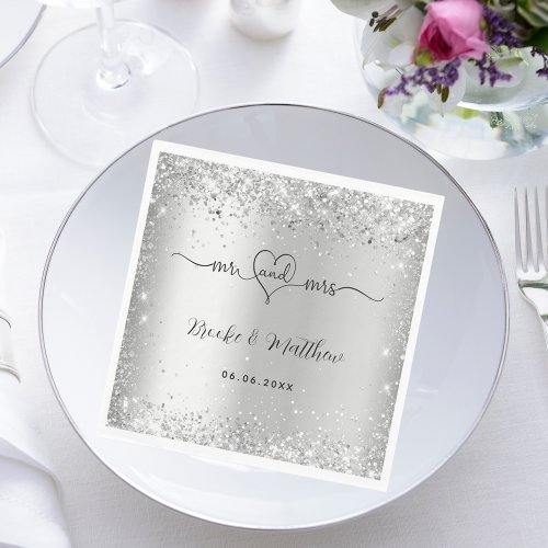 Silver glitter elegant script mr mrs heart wedding napkins