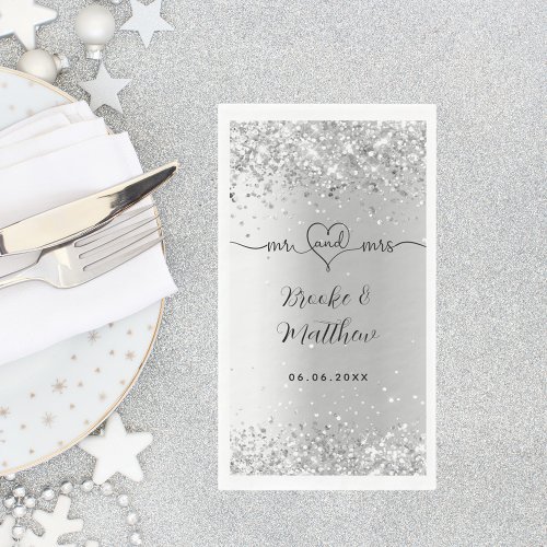 Silver glitter elegant script mr mrs heart wedding paper guest towels