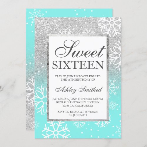 Silver glitter elegant teal Sweet 16 winter snow Invitation