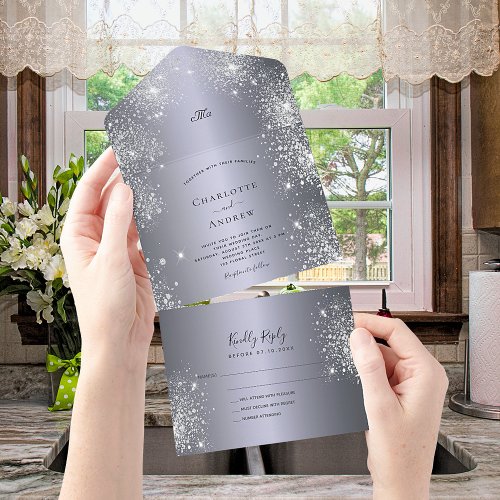 Silver glitter elegant wedding all in one invitation