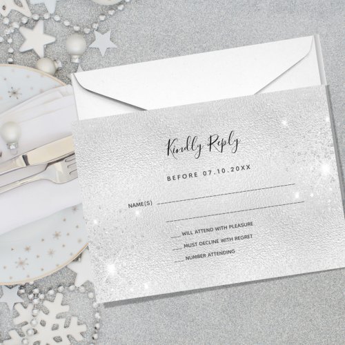 Silver glitter elegant wedding RSVP Note Card