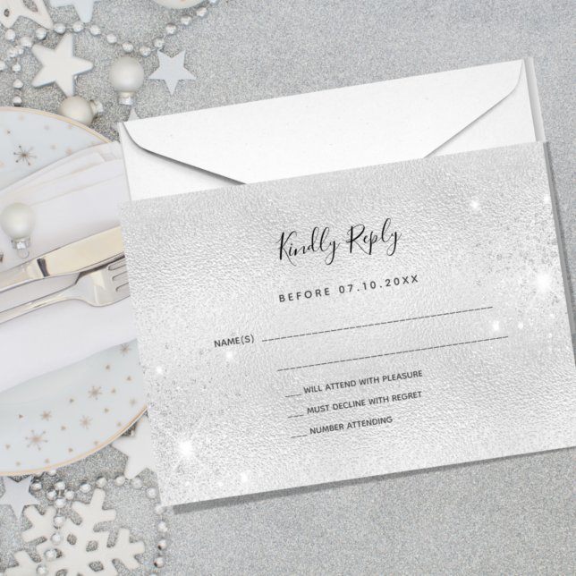 Silver glitter elegant wedding RSVP Note Card (Creator Uploaded)