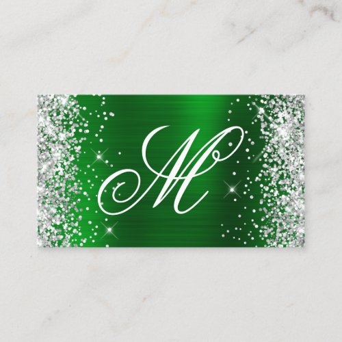 Silver Glitter Emerald Foil Fancy Monogrammed Business Card