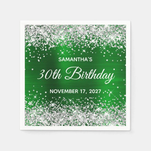 Silver Glitter Emerald Green Foil 30th Birthday Napkins