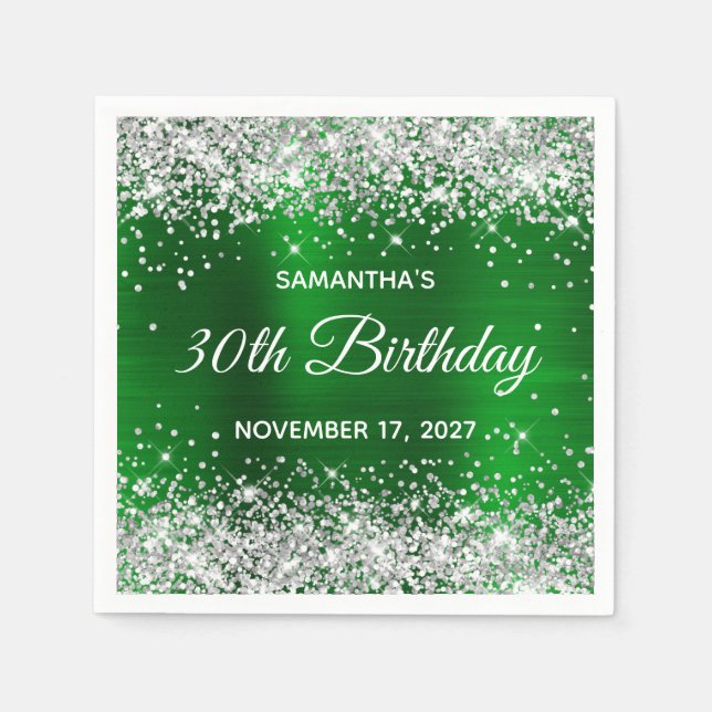 Silver Glitter Emerald Green Foil 30th Birthday Napkins (Front)