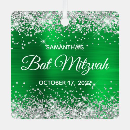 Silver Glitter Emerald Green Foil Bat Mitzvah Metal Ornament