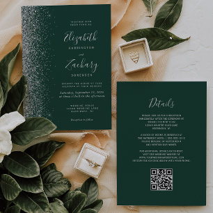 Silver Glitter Emerald Green QR Code Wedding Invitation