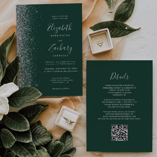 Silver Glitter Emerald Green QR Code Wedding Invitation