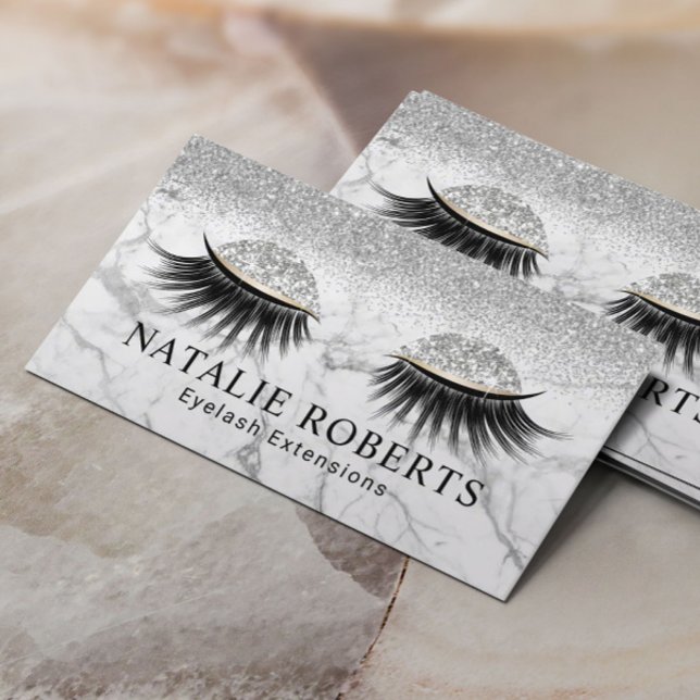 Silver Glitter Eyelash Modern Marble Makeup Artist Business Card (Creator Uploaded)