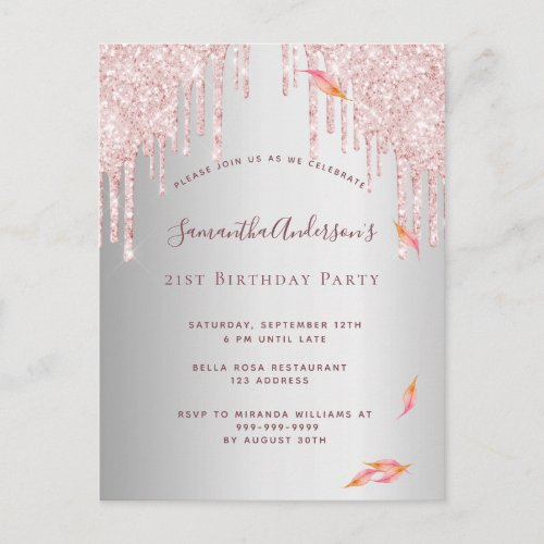 Silver glitter fall birthday party pink invitation postcard