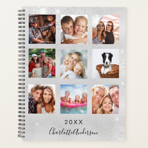 Silver glitter family photo collage monogram 2024 planner