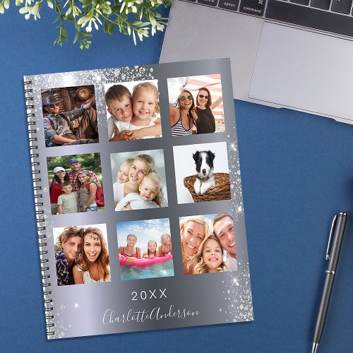 Silver glitter family photo collage monogram 2025 planner