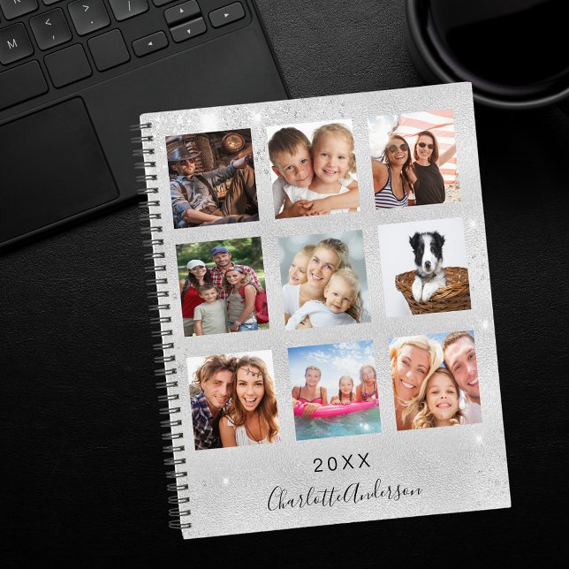 Silver glitter family photo collage monogram 2026 planner (Creator Uploaded)