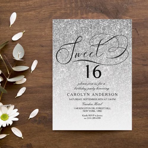 Silver Glitter Fancy Script Sweet 16 Birthday Invitation