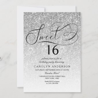 Silver Glitter Fancy Script Sweet 16 Birthday Invitation | Zazzle