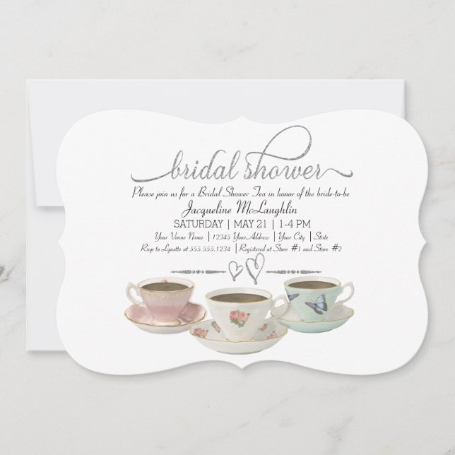 Silver Glitter Faux Bridal Shower Tea Party Modern Invitation (Front)