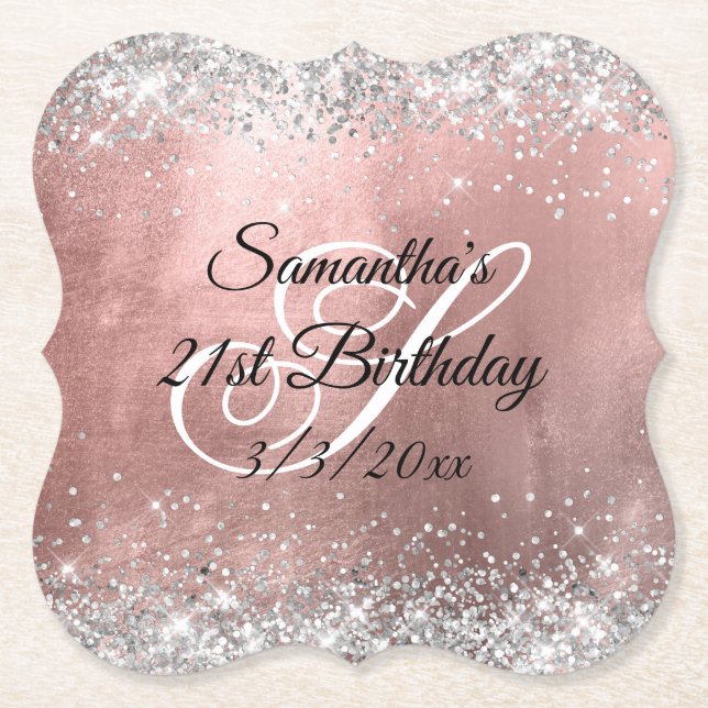 Silver Glitter Faux Rose Gold Foil 21st Birthday Paper Coaster (Front)