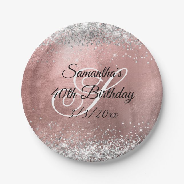 Silver Glitter Faux Rose Gold Foil 40th Birthday Paper Plates (Front)
