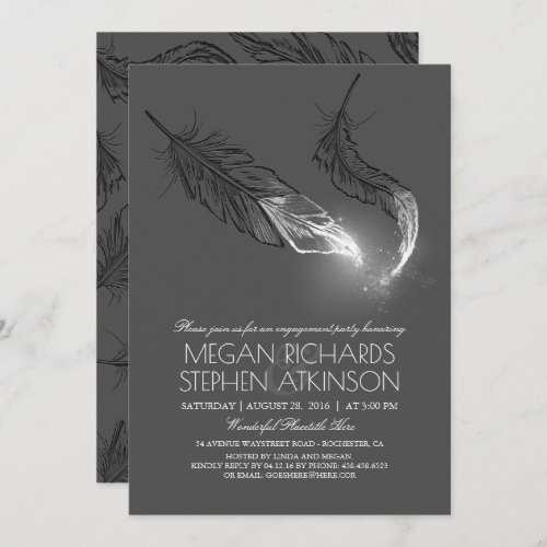 Silver Glitter Feathers Engagement Party Invitation