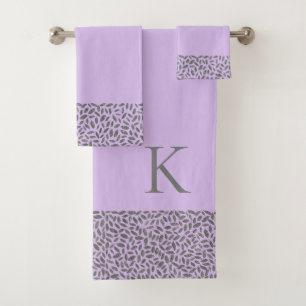 Silver Glitter Feathers on Lavender Monogram Bath Towel Set