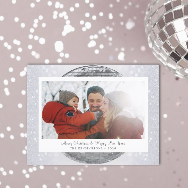 Silver Glitter Festive Winter Family Holiday Card (Custom Disco Ball Christmas Card with Family Name)