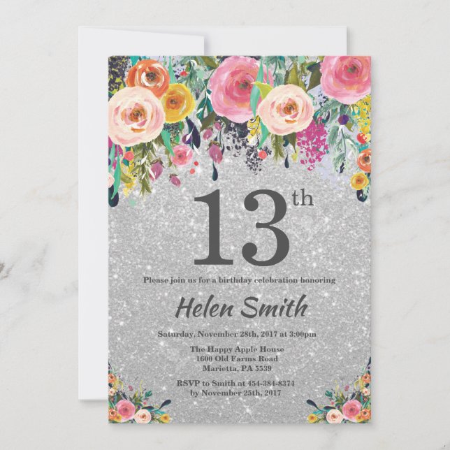 Silver Glitter Floral 13th Birthday Invitation (Front)