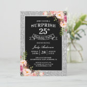 Silver Glitter Floral 25th Surprise Birthday Party Invitation (Standing Front)