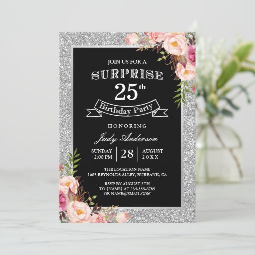 Silver Glitter Floral 25th Surprise Birthday Party Invitation | Zazzle