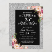 Silver Glitter Floral 25th Surprise Birthday Party Invitation (Front/Back)