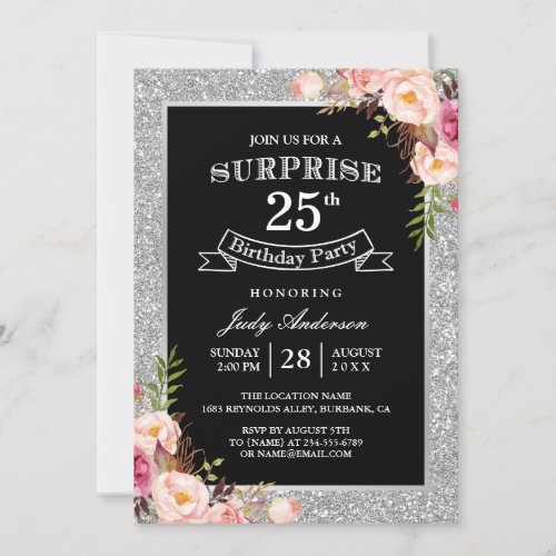 Silver Glitter Floral 25th Surprise Birthday Party Card