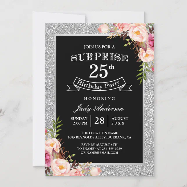 Silver Glitter Floral 25th Surprise Birthday Party Invitation 