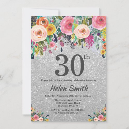Silver Glitter Floral 30th Birthday Invitation