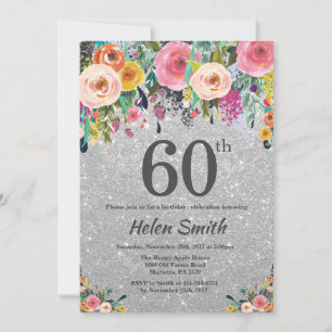 Silver Glitter Floral 60th Birthday Invitation