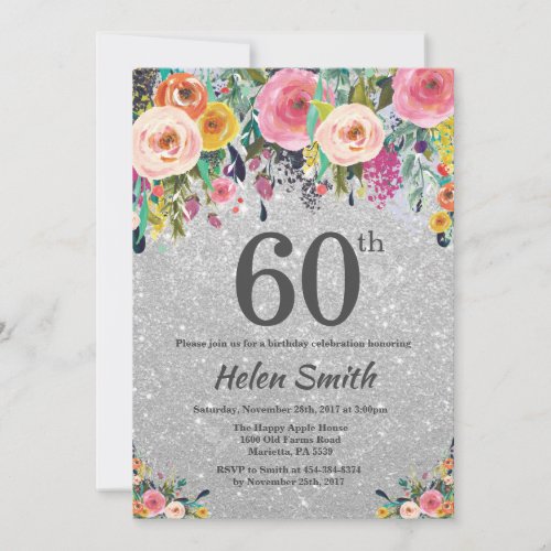 Silver Glitter Floral 60th Birthday Invitation