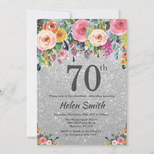 Silver Glitter Floral 70th Birthday Invitation