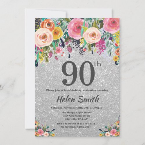 Silver Glitter Floral 90th Birthday Invitation