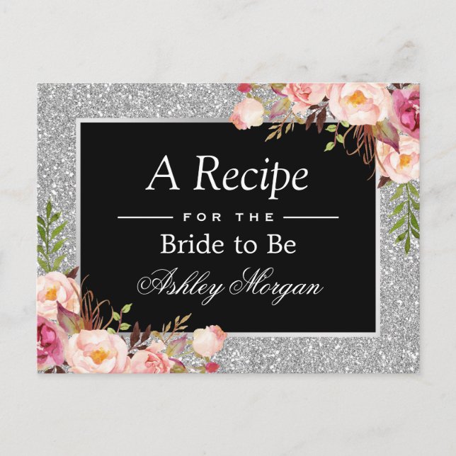 Silver Glitter Floral Bridal Shower Recipe Card (Front)
