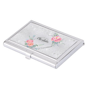 Silver glitter floral makeup hair beauty business card case