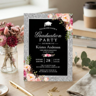Silver Glitter Floral Photo Graduation Party Invitation