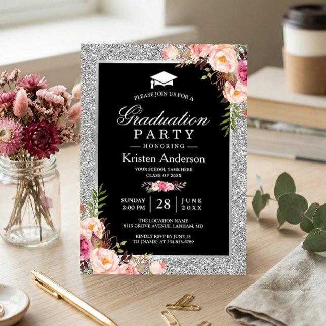 Silver Glitter Floral Photo Graduation Party Invitation (Creator Uploaded)