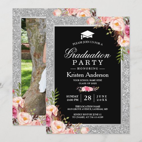 Silver Glitter Floral 2018 Photo Graduation Party Card