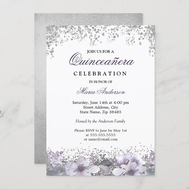 Silver Glitter Floral Purple Quinceanera Invite (Front/Back)