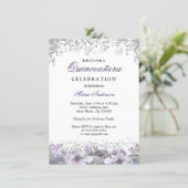 Silver Glitter Floral Purple Quinceanera Invite (Standing Front)